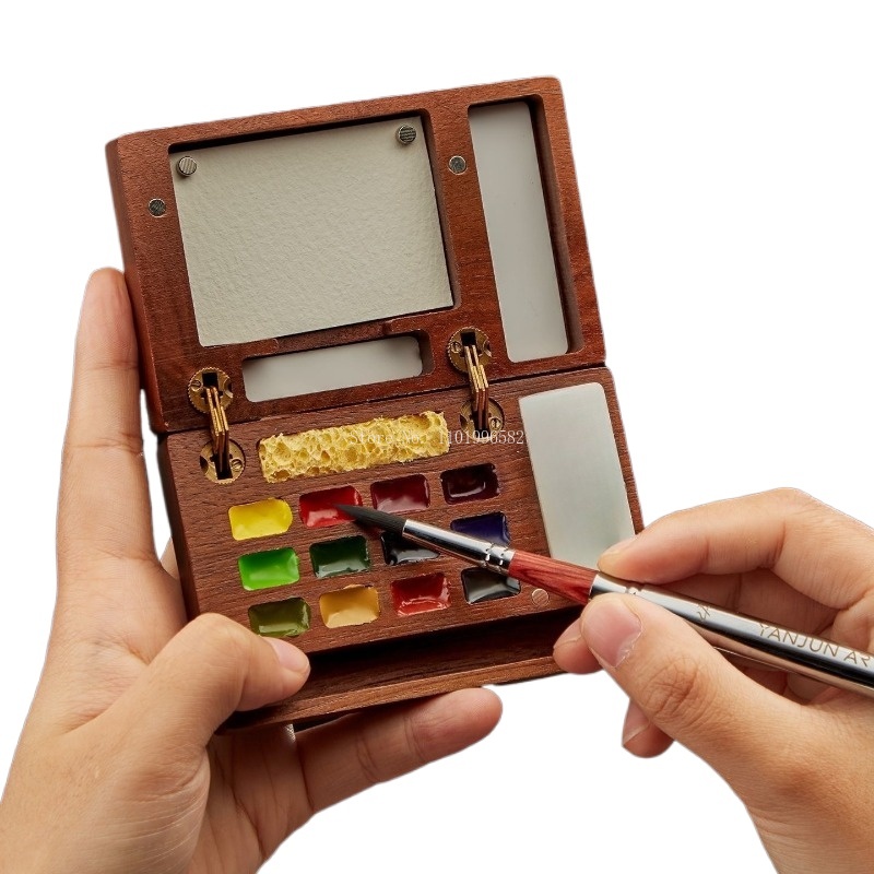 Gouache Paint Set - Travel Painting Box Solid Wood Paint